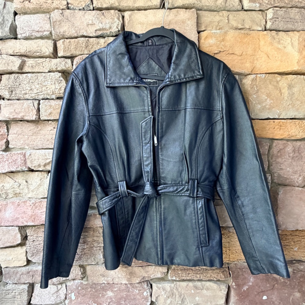 VTG Outbrook Women Medium Leather Jacket Black Belted Zip Up Collared Moto Biker